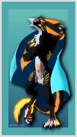 animal_genitalia anthro balls bedding black_body black_fur blanket border bright_colors claws cloak clothing ears_back feet fur genitals gesture glowing glowing_eyes glowing_markings gradient_background green_eyes grey_border hand_gesture keel looking_at_viewer male markings nails orange_body orange_fur pawpads penis penis_tip pivoted_ears pointing pointy_nose sheath simple_background smile solo tail tail_tuft toe_claws tuft white_body white_fur yellow_body yellow_fur einin kronas sergal 9:16 hi_res signature