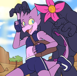 anthro blue_eyes clothing fingerless_gloves gesture gloves handwear male messenger_bag multicolored_body purple_body running salute two_tone_body fourssss scamp_the_basilisk monster scalie 2025 digital_drawing_(artwork) digital_media_(artwork) hi_res