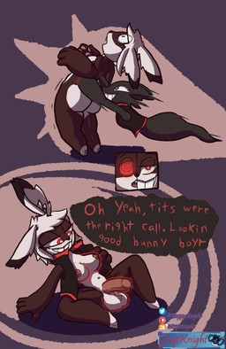 anthro balls black_body bottomless breast_growth breasts brown_body brown_fur butt clothed clothing dialogue dipstick_ears duo ear_markings fur genitals glowing glowing_eyes grin growth growth_lines gynomorph hair humanoid_genitalia humanoid_penis intersex male motion_blur multicolored_ears nipples nude open_clothing open_topwear open_vest paws penis possession red_eyes simple_background sitting smile speech_bubble standing surprised text topwear vest white_hair trapknight ghost lagomorph leporid mammal rabbit spirit english_text hi_res