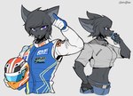 anthro belt bottomwear clothing crop_top crossgender dark_body dark_fur dark_hair denim denim_bottomwear denim_clothing female fur gloves hair handwear jay_(endjfcar) jeans pants purple_eyes racing_helmet racing_suit shirt solo topwear endjfcar canid canine fox mammal