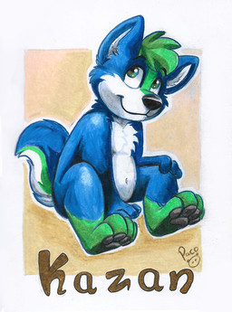 anthro black_nose blue_body blue_fur blue_tail closed_smile fur glistening glistening_nose green_body green_eyes green_fur green_hair green_tail hair logo male male_anthro mouth_closed navel nude short_hair simple_background sitting smile solo tail tan_background white_body white_fur white_tail young young_anthro young_male pandapaco canid canine mammal artist_logo signature