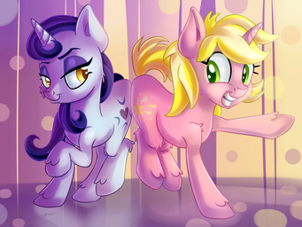 blonde_hair bump cutie_mark duo eyeshadow female feral green_eyes hair horn makeup purple_hair raised_tail smile tail teeth yellow_eyes thediscorded friendship_is_magic hasbro my_little_pony mythology moonlight_raven_(mlp) sunshine_smiles_(mlp) equid equine mammal mythological_creature mythological_equine unicorn 2015 4:3 absurd_res hi_res