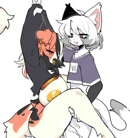 anthro areola arm_grab big_areola big_breasts black_body black_fur blue_clothing blue_shirt blue_topwear blush bodily_fluids bra breasts clothing cum duo ear_piercing ear_ring eyes_closed female fur genital_fluids grey_clothing grey_topwear hair huge_breasts long_hair male male/female open_mouth orange_body orange_fur penetration penile penile_penetration penis_in_vagina piercing pinned pinned_arms pinned_to_wall ring_piercing sex shirt side_view standing standing_sex thick_thighs tongue topwear underwear vaginal vaginal_penetration white_body white_fur yellow_areola yellow_bra yellow_clothing yellow_tongue yellow_underwear shiyaa_stuff robo_(robosylveon) domestic_cat felid feline felis mammal