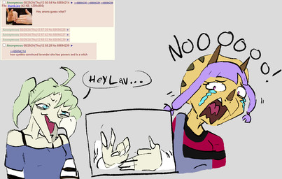 3_horns 5_fingers ahoge anthro blue_eyes bodily_fluids bra_strap clothed clothing crying dialogue duo eye_bags eyelashes facial_horn female fingers green_hair hair horn long_sleeves multi_horn nose_horn off_shoulder overalls pale_body pale_scales pink_eyes purple_hair scales tears text trick twintails_(hairstyle) yellow_body yellow_scales coolbug third-party_edit 4chan cavemanon_studios snoot_game cynthia_(snoot_game) lavender_(snoot_game) ceratopsian ceratopsid chasmosaurine dinosaur marginocephalian ornithischian prehistoric_species reptile scalie stegosaurian stegosaurus thyreophoran triceratops 2024 color_edit colored english_text