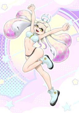 arms_above_head big_breasts bikini breasts clothing crown female headgear looking_at_viewer midriff not_furry open_mouth open_smile pattern_background pseudo_hair simple_background smile solo swimwear tentacle_hair tentacles two-piece_swimsuit koharuno2 nintendo splatoon pearl_(splatoon) aquatic cephalopod humanoid inkling mollusk hi_res