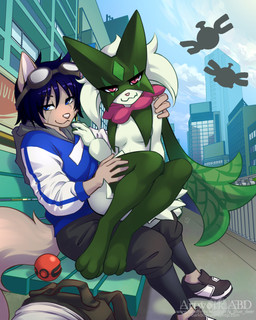 anthro backpack bench bottomwear breast_curtains breasts clothed clothing duo eyewear eyewear_on_head feet female female_anthro footwear fur goggles goggles_on_head green_body green_fur hair hoodie looking_at_viewer male male/female medium_breasts on_lap outside pokeball shoes shorts sitting sitting_on_lap smile socks tail toes topwear abluedeer nintendo pokemon tony_meahcci canid canine canis felid feline generation_9_pokemon mammal meowscarada pokemon_(species) wolf digital_media_(artwork) hi_res