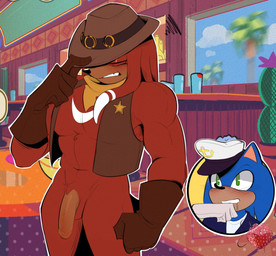 abs anthro balls blush cactus clothing duo flaccid genitals gloves handwear hat headgear headwear male mirror navel palm_tree peaked_cap penis plant pubes sheriff_badge solo_focus standing topwear tree vest stramdraw sega sonic_the_hedgehog_(series) the_murder_of_sonic_the_hedgehog knuckles_the_echidna sonic_the_hedgehog echidna eulipotyphlan hedgehog mammal monotreme 2023 digital_media_(artwork)