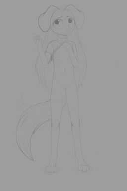 anthro clothed clothing clothing_lift collar female floppy_ears holding_marker holding_object looking_at_viewer marker shirt shirt_lift solo tail tail_motion tailwag topwear young rilium canid canine mammal 2:3 absurd_res hi_res monochrome sketch
