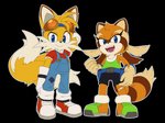 anthro bandage blue_eyes clothing duo eyewear eyewear_on_head female footwear fur gloves goggles goggles_on_head handwear male open_mouth open_smile overalls simple_background smile teeth nowykowski7 sega sonic_the_hedgehog_(series) marine_the_raccoon miles_prower canid canine fox mammal procyonid raccoon 2020