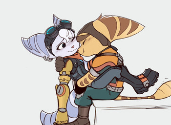 anthro boots clothed clothed_female clothed_male clothing cybernetic_arm cybernetic_limb duo eyes_closed eyewear eyewear_on_head female fluffy fluffy_tail footwear fur goggles goggles_on_head hair hug male male/female markings one_eye_closed pink_nose ring_(marking) ringed_tail shoes sitting striped_body striped_fur striped_markings striped_tail stripes tail tail_markings tail_motion tail_tuft thin_tail tuft white_body white_fur white_hair yellow_body yellow_fur time_fluffy500 ratchet_and_clank sony_corporation sony_interactive_entertainment ratchet_(ratchet_and_clank) rivet_(ratchet_and_clank) lombax mammal