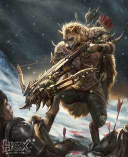 anthro anthro_focus armor arrow_(weapon) blood bodily_fluids bone brown_body brown_fur brown_hair claws dutch_angle ear_piercing ear_ring facial_piercing fur group hair holding_crossbow male muscular muscular_male nose_piercing nose_ring outside pauldron piercing ranged_weapon ring_piercing skull smile snow snowing weapon phu_thieu hex:_shards_of_fate human hyena mammal digital_media_(artwork) hi_res official_art