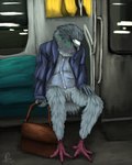 4:5 absurd_res animal_genitalia anthro avian bird birdtember businesswear cloaca clothing columbid feathers genitals hi_res inside_train male partial_nudity pigeon public public_exposure sitting_up sleeping solo suit suitcase train vehicle yenocwolf