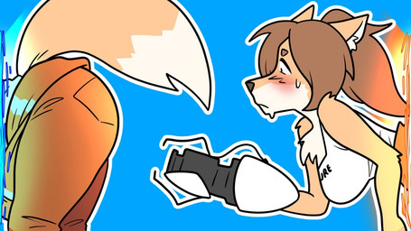 anthro biped blue_background blush bodily_fluids breasts brown_hair butt chest_tuft clothed clothed_anthro clothed_female clothing countershade_face countershade_fur countershade_neck countershade_torso countershading coveralls dipstick_tail female female_anthro fully_clothed fur hair jumpsuit looking_at_butt looking_at_own_butt looking_at_self markings orange_body orange_fur portal portal_gun shirt side_view simple_background solo sweat sweatdrop t-shirt tail tail_markings text text_on_clothing text_on_shirt text_on_topwear through_portal topwear tuft white_body white_countershading white_inner_ear white_markings professor_lando aperture_science portal_(series) valve chell_(fursona) canid canine fox mammal 16:9 better_version_at_paywall colored english_text widescreen