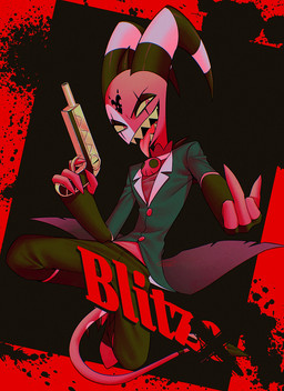 anthro gesture gun hand_gesture male middle_finger ranged_weapon sharp_teeth solo spade_tail tail teeth text tongue tongue_out weapon enaic31 hellaverse helluva_boss blitzo_(helluva_boss) demon imp absurd_res character_name hi_res