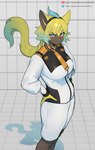 anthro blue_eyes clothed clothing female fur hand_on_hip solo text uniform yellow_body yellow_fur kambo gundam mobile_suit_gundam_the_witch_from_mercury nintendo pokemon suletta_mercury felid generation_7_pokemon legendary_pokemon mammal pokemon_(species) zeraora hi_res url