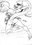 anthro anus big_breasts bottomless bottomwear breasts butt cheerleader clothed clothing eyes_closed female genitals huge_breasts no_underwear non-mammal_breasts pussy skirt solo tail upskirt kencougr mythology pathia dragon mythological_creature mythological_scalie scalie 2000 monochrome