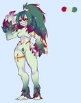 anthro big_hands breasts female flower_accessory genitals green_body green_hair green_skin hair orange_eyes pubes pussy solo tattoo yeagar avian humanoid