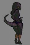 anthro armor barely_visible_breasts bottomwear bracers breasts class clothing dress exhibitionism female pose rear_view shirt short_dress skirt solo tail_under_skirt tongue topwear tunic yellow_eyes yellow_sclera greenpolygon crocodilian dinosaur lizard prehistoric_species reptile reptoid sauropod sauropodomorph scalie hi_res pinup sketch