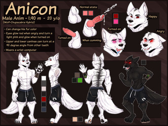 animal_genitalia anthro balls black_stripes bodily_fluids border cum fur genital_fluids genitals knot knotted_penis male penis red_border red_eyes sheath solo stripes text white_body white_fur unknown_artist anicon canid canine canis hybrid mammal wolf 4:3 english_text hi_res model_sheet