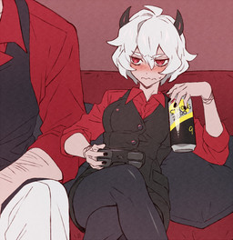 5_fingers arm_hair black_horn black_nails blush bodily_fluids body_hair bottomwear bracelet can clothing collared_shirt colored_nails container controller crossed_legs dress_shirt duo female fingers furniture game_controller hair holding_can holding_container holding_object horn jewelry male nails not_furry pants pillow red_eyes shirt short_hair sitting sofa sweat sweatdrop topwear vest white_body white_hair white_skin dwsiknw helltaker malina_(helltaker) protagonist_(helltaker) demon demon_humanoid human humanoid mammal hi_res