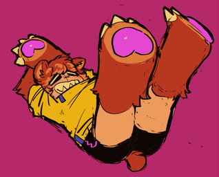 ambiguous_gender anthro arm_tuft black_bottomwear black_clothing black_eyelids black_shorts bottomwear brown_body brown_fur brown_hair brown_tail claw_fingers clenched_teeth clothing coat eyes_closed feet foot_focus foreshortening fur hair hand_above_head hand_behind_head head_tuft hotpants leg_tuft legs_up lying on_back partial_fur partially_furred pawpads purple_pawpads raincoat raised_arm raised_foot round_ears sharp_teeth shirt short_hair short_tail shorts simple_background solo stretching sweater tail tan_body tan_skin teeth teeth_showing tired topwear tuft turtleneck yellow_clothing yellow_shirt yellow_topwear serafphim nintendo splatoon charlie_(serafphim) animal_humanoid bear humanoid mammal mammal_humanoid ursid_humanoid 2026 full-length_portrait hi_res portrait sketch