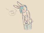 blue_hair blush bottomwear bottomwear_down breasts chastity_device clothed clothing embarrassed_female female good_girl hair nipple_piercing nipples orgasm_denial pants pants_down partially_clothed piercing scut_tail short_tail speech_bubble tail text text_box nyxapnea kat_(disnomia) lagomorph leporid mammal rabbit 4:3 sketch