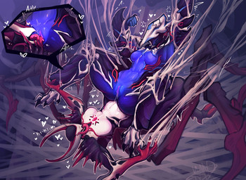 2_horns anthro anthro_dominating_anthro anthro_on_anthro anthro_penetrated anthro_penetrating anthro_penetrating_anthro aroused aroused_by_another aroused_female arthropod_webbing barbed_tongue bdsm bird's-eye_view blue_body bodily_fluids bondage bound breasts butt cross-popping_vein cunnilingus dominant dominant_anthro dominant_female duo eyeless featureless_breasts female female/female female_anthro female_dominating_female female_on_anthro female_penetrating_anthro forced forced_spreading_legs genital_fluids genitals heart_symbol helpless high-angle_view horn laugh long_tongue moan motion_lines oral penetration prehensile_tongue purple_vulva questionable_consent restrained_arms restrained_legs reverse_forced_cunnilingus reverse_forced_oral sex shaking submissive submissive_anthro submissive_female suspension tapering_tongue tongue trembling vaginal vaginal_fluid_splatter vaginal_fluid_string vaginal_fluids vaginal_fluids_on_butt vaginal_fluids_on_vulva vulva web_bondage white_body kandyktor oraxia_(warframe) zephyr_(warframe) arachnid arthropod avian bird spider hi_res
