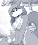 anthro big_breasts breasts clothed clothing female outside sitting skimpy solo swimwear tongue tongue_out under_boob infinitedge janice_(phandril) canid canine fox mammal 2023 5:6 absurd_res blue_and_white greyscale hi_res monochrome sketch