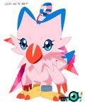 beak blue_eyes blue_markings claws eyelashes feathers leon_seto_art markings pink_body pink_feathers red_claws ring ring_on_leg solo standing toe_claws bandai_namco digimon avian biyomon digimon_(species) absurd_res hi_res signature