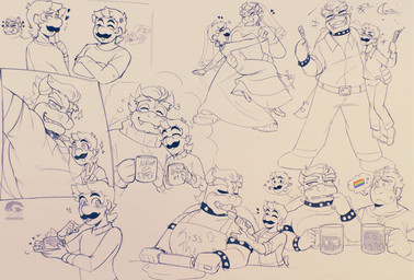 2_horns 4_fingers 5_fingers amazed angry anthro apron arm_hair armband baking belt beverage big_nose black_armband black_armlet black_bracelet black_collar black_eyebrows black_facial_hair black_mustache blush blush_lines bodily_fluids body_hair bracelet closed_smile clothed clothed_anthro clothed_human clothed_male clothing collar container cooking cross-popping_vein crossdressing crossed_arms cup curved_horn cutlery dairy_products dancing dress drinking_glass drunk eating eating_food eyebrows eyes_closed facial_hair feeding feeding_partner fingers food footwear fully_clothed fully_clothed_anthro fully_clothed_human fully_clothed_male glass glass_container glass_cup grey_eyes group hair happy heart_symbol hearts_around_head high_heels holding_beer_mug holding_container holding_cup holding_drinking_glass holding_mug holding_object holding_plate holding_rolling_pin holding_spoon holding_wine_glass horn interspecies jewelry king kitchen_utensils larger_anthro larger_human larger_male lgbt_pride lifting_partner logo looking_at_viewer love male male/male male_anthro male_human motion_lines mouth_closed mug mustache nervous nervous_sweat number one_eye_closed plate pride_colors rainbow_flag rainbow_pride_flag rainbow_symbol rolled_up_sleeves rolling_pin royalty sharp_teeth shell shoes short_hair size_difference smaller_anthro smaller_human smaller_male smile smiling_at_another smiling_at_each_other smiling_at_partner smiling_at_viewer spiked_armband spiked_bracelet spiked_collar spiked_shell spikes spikes_(anatomy) spoon standing steam substance_intoxication sweat tail tan_apron tan_belt tan_body tan_clothing tan_dress tan_dress_shirt tan_eyebrows tan_footwear tan_hair tan_high_heels tan_horn tan_shell tan_shoes tan_skin tan_spikes tan_sweater tan_tail tan_tongue tan_topwear tan_veil teeth text text_on_apron text_on_clothing text_on_mug thick_eyebrows thought_bubble throat_grab tongue tools toothy_grin topwear wedding_dress wedding_veil whipped_cream wine_glass wink x_eyes feeniroir disney mario_bros nintendo wreck-it_ralph bowser luigi mario ralph_(wreck-it_ralph) human koopa mammal scalie 2026 artist_logo crossover digital_drawing_(artwork) digital_media_(artwork) english_description english_text hi_res multiple_images brother_(lore) brothers_(lore) sibling_(lore) twins_(lore)