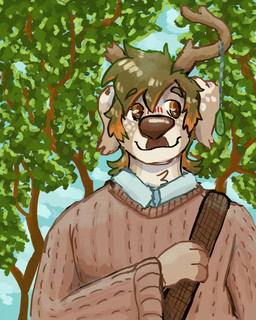 anthro antler_accessory antlers blue_sky broken_antler brown_antlers brown_body brown_clothing brown_eyes brown_fur brown_nose brown_sweater brown_topwear clothed clothing day detailed_background eyebrows floppy_ears freckled_face freckles fur green_eyebrows green_hair hair highlights_(coloring) horn male orange_highlights outside plant sky solo spots sweater topwear tree capegloam canid canine canis domestic_dog mammal 2024 4:5 absurd_res bust_portrait digital_media_(artwork) digital_painting_(artwork) hi_res painting_(artwork) portrait shaded