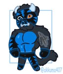 2024 abs akkuma407 anthro biped black_body black_eyes black_fur black_sclera blue_body blue_eyes blue_fur bottomwear chibi clothing dragon fur furred_dragon furred_scalie handwear heterochromia male mask muscular muscular_anthro muscular_male mythological_creature mythological_scalie mythology orange_sclera pants pecs scalie solo tail