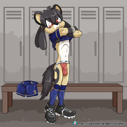 anthro balls bench biped black_clothing black_footwear black_hair black_nose black_shoes black_sneakers blue_bottomwear blue_clothing blue_footwear blue_shirt blue_shorts blue_socks blue_topwear bottomwear bulge clothing countershade_face countershade_torso countershading detailed_bulge footwear front_view fur genitals hair inside jockstrap locker_room looking_down male multicolored_body navel red_clothing red_jockstrap red_underwear shirt shoes short_hair shorts soccer_uniform socks solo sportswear standing tan_body tan_fur topwear two_tone_body underwear undressing uniform white_body white_countershading white_fur young young_anthro young_male fuf african_painted_dog african_wild_dog canid canine mammal 1:1 2026 hi_res