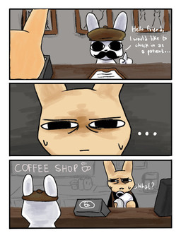 anthro appliance apron barista bodily_fluids cashier cleaning clothing coffee_machine coffee_maker coffee_mug coffee_shop confuse container cup dialogue duo ellipsis facial_hair golemsnowie hat headgear headwear kitchen_appliance male mustache photo store sweat text animal_hospital roblox barney_(animal_hospital) intern_(animal_hospital) lagomorph leporid mammal rabbit comic english_text hi_res