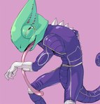 anthro bodysuit clothing countershading green_body green_scales long_tongue looking_at_viewer narrowed_eyes pink_background scales simple_background skinsuit solo squint tight_clothing tongue sunoko24 nintendo star_fox leon_powalski lizard reptile scalie digital_media_(artwork) shaded