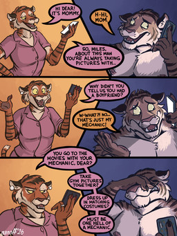 anthro barbell_piercing clothed clothed_anthro clothed_female clothing dialogue duo ear_piercing electronics eyebrow_piercing facepalm facial_piercing female fully_clothed fully_clothed_anthro fully_clothed_female fur male male_anthro mature_female nipples open_mouth open_smile orange_body orange_fur phone phone_call piercing smile striped_body striped_fur stripes text topless topless_anthro topless_male yellow_eyes nanoff miles_(nanoff) felid mammal pantherine tiger 2026 3:4 comic english_text hi_res multiple_scenes mother_(lore) mother_and_child_(lore) mother_and_son_(lore) parent_(lore) parent_and_child_(lore) parent_and_son_(lore) son_(lore)