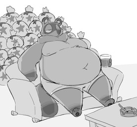 anthro ashtray belly boxers_(clothing) cigarette clothing furniture lidded_eyes male money_bag moobs navel overweight sofa solo underwear watching_television drugsandflowers animal_crossing nintendo tom_nook_(animal_crossing) canid canine mammal raccoon_dog tanuki hi_res