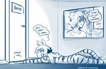 anthro bathing behaving_like_a_cat butt casual_nudity dialogue door duo female fur humor inside lying male meow nude on_front scratching showering sign sound_effects striped_body striped_fur stripes tail text wet conditional_dnp tom_fischbach twokinds flora_(twokinds) trace_legacy felid human keidran mammal pantherine tiger 2021 adobe_photoshop_(artwork) blue_and_white comic digital_media_(artwork) english_text hi_res monochrome sketch