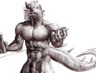 alcohol anthro balls beverage black_penis container contiguous_snout cup drinking_glass flaccid foreskin genitals glass glass_container glass_cup head_tuft horn humanoid_genitalia humanoid_penis long_tail male muscular muscular_male nude pecs penis solo tail thick_tail tuft wine wine_glass wuyojg mythology dragon mythological_creature mythological_scalie scalie monochrome