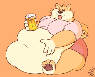 alcohol anthro beer belly beverage big_belly big_cheeks biped black_eyes blush chubby_cheeks clothed clothing deep_navel drunk half-closed_eyes hand_on_belly holding_belly huge_belly hyper hyper_belly looking_at_viewer male moobs morbidly_obese morbidly_obese_anthro morbidly_obese_male narrowed_eyes navel obese obese_anthro obese_male open_mouth orange_background overweight overweight_anthro overweight_male pawpads simple_background sitting smile solo substance_intoxication tongue tongue_out p3ntavus kelpu canid canine canis domestic_dog mammal shiba_inu spitz 2018 digital_media_(artwork) hi_res signature