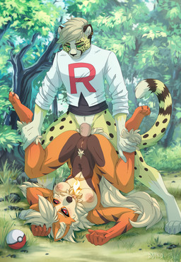 anal anal_penetration anthro anus areola blep blonde_hair blush bottomless breasts clothed clothing cosplay detailed_background duo ear_piercing erection female female_penetrated fire forest fur genitals green_eyes hair heart_eyes heart_symbol humanoid_genitalia humanoid_penis interspecies leg_grab looking_pleasured male male/female male_penetrating male_penetrating_female markings nature nipples penetration penis piercing piledriver_position plant pokeball pubes red_eyes sex shirt spots spotted_body spotted_fur text text_on_clothing text_on_shirt text_on_topwear tongue tongue_out topwear tree vulva acinothecheetah ts-cat nintendo pokemon team_rocket acino lumina_(acinothecheetah) arcanine canid canine cheetah felid feline generation_1_pokemon mammal pokemon_(species) 2018 digital_media_(artwork) hi_res