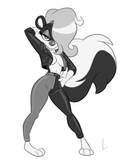 3_toes anthro barefoot big_tail biped bottomwear breasts closed_smile clothed clothed_anthro clothed_female clothing countershade_face countershade_fur countershade_torso countershading ear_piercing eyebrows eyelashes feet female female_anthro fluffy fluffy_tail fur hair hair_over_eye half-closed_eyes hand_behind_head hand_in_pocket high_waisted_bottomwear high_waisted_pants jacket knock-kneed leather leather_bottomwear leather_clothing leather_jacket leather_pants leather_topwear looking_at_viewer medium_breasts mouth_closed narrowed_eyes one_eye_obstructed open_clothing open_jacket open_topwear pants piercing pockets pupils simple_background skunk_tail smile solo tail toes toony topwear white_background white_hair wide_stance birchly sally_skunk mammal mephitid skunk full-length_portrait greyscale hi_res monochrome portrait