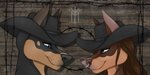 alternative_fashion anthro clothing cowboy duo facial_piercing female goth hair hat headgear headwear male nose_piercing piercing text western thehuntingwolf carbon paizli canid canine canis dobermann domestic_dog mammal pinscher 2:1 digital_media_(artwork) english_text hi_res