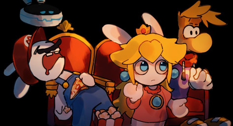 4_fingers anthro big_nose black_eyebrows black_eyes black_facial_hair black_mustache blonde_hair blue_clothing blue_ear_piercing blue_eyes blue_overalls bodily_fluids bottomless bottomless_anthro chair clapping closed_frown clothed clothing conjoined_eyes crown drooling ear_piercing eyebrows eyes_closed facial_hair female female_anthro fingers flat_chested floating_hands floating_head food footwear frown fur furniture gem gloves group hair hand_pawpads handwear hat headgear headwear holding_food holding_object holding_pizza hoodie inside light limbless long_ears long_hair lying_on_chair machine male male_anthro mitten_hands mouth_closed mouthless movie_theater mustache no_pupils noseless on_chair overalls pawpads piercing pink_clothing pink_shirt pink_topwear pizza pizza_slice popcorn popcorn_bucket purple_clothing purple_hoodie purple_topwear red_clothing red_hat red_headwear red_mouth ruby_(gem) saliva sapphire_(gem) screen screen_face shirt shirtless_anthro shirtless_male shoes short_hair sitting sitting_on_chair sleeping standing tan_body tan_inner_ear tan_pawpads tan_skin topwear white_body white_clothing white_fur white_gloves white_handwear yellow_clothing yellow_footwear yellow_shoes renballball mario_bros mario_plus_rabbids_kingdom_battle mario_plus_rabbids_sparks_of_hope nintendo raving_rabbids rayman_(series) ubisoft beep-0 rabbid_mario rabbid_peach rayman humanoid lagomorph mammal rabbid raypeople_(rayman) robot 2023 colored crossover digital_drawing_(artwork) digital_media_(artwork) lighting shaded male_(lore)