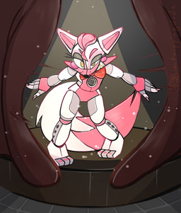 anthro big_tail claws eyelashes feet female fluffy fluffy_tail fur hair half-closed_eyes lipstick machine makeup nails narrowed_eyes pink_body pink_fur pink_hair ribbons sharp_teeth smile solo speaker tail teeth toenails toes white_body white_fur yellow_eyes imtrippingdude five_nights_at_freddy's scottgames sister_location funtime_foxy_(fnaf) animatronic canid canine fox mammal robot 2020 hi_res