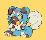 blue_body blue_fur dandelion female feral flower flower_in_mouth fur plant simple_background smile solo yellow_background bloowolfy nintendo pokemon aries_(bloowolfy) canid canine generation_7_pokemon mammal pokemon_(species) rockruff 2024 hi_res