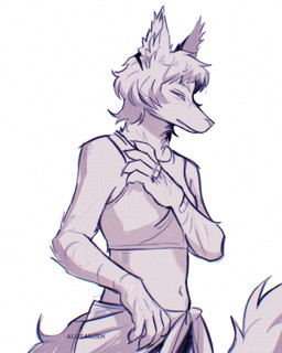 anthro band-aid bandage bruised clothing fighting_pose flat_belly fluffy_ears gynomorph hair intersex messy_hair narrowed_eyes pose scar scratches shirt simple_background solo squint tail tank_top topwear allie_allien eva_acephale canid canine canis mammal wolf 4:5 halftone hi_res watermark nonbinary_(lore) trans_(lore) trans_woman_(lore)