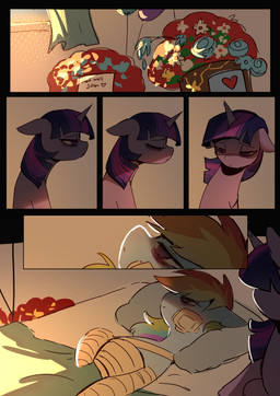 alternate_universe balloon bandage bandaged_arms bandaged_chest bandaged_face bed bedding blanket blue_body blue_flower blue_fur curtains curtains_open dead_inside detailed_background duo female feral flower fur furniture hair hooves horn hospital hospital_bed hospital_room inflatable lying lying_on_bed multicolored_hair on_bed pillow pink_eyes plant purple_body purple_eyes purple_fur purple_hair rainbow_hair red_flower sad scar shadow shadow_face text tired tired_eyes window wings yellow_flower sinful_pie cupcakes_(mlp_fanfic) friendship_is_magic hasbro my_little_pony mythology rainbow_dash_(mlp) twilight_sparkle_(mlp) equid equine horse mammal mythological_creature mythological_equine pegasus pony unicorn 2025 absurd_res colored comic digital_drawing_(artwork) digital_media_(artwork) english_description english_text hi_res