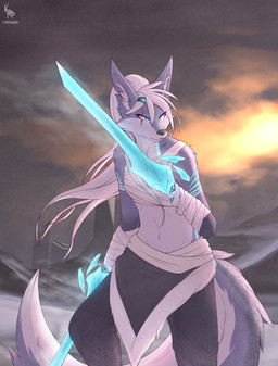anthro arm_wraps blade blade_arm blue_eyes blue_markings cold dual_wielding elemental_manipulation eye_scar facial_scar female gloves_(marking) holding_object holding_weapon ice ice_blade ice_manipulation ice_weapon markings melee_weapon midriff notched_ear scar snow solo tail weapon weapon_arm wraps kpz-70_(artist) helen_(kpz-70) canid canine canis mammal wolf 2025 hi_res