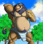 anthro blue_eyes bulge butt clothing detailed_bulge flexing genital_outline looking_at_viewer male mane musclegut muscular muscular_anthro muscular_male overweight overweight_anthro overweight_male penis_outline pose shirt slightly_chubby solo stocky tongue topwear wrestling_singlet deadanthro tendaji felid lion mammal pantherine pinup